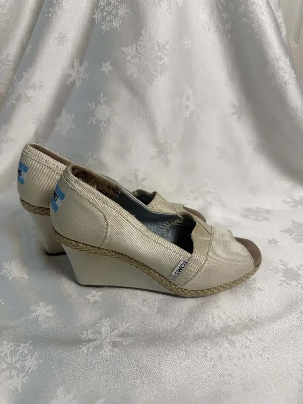 TOMS Beige Canvas Espadrille Peep Toe Wedge Heels
